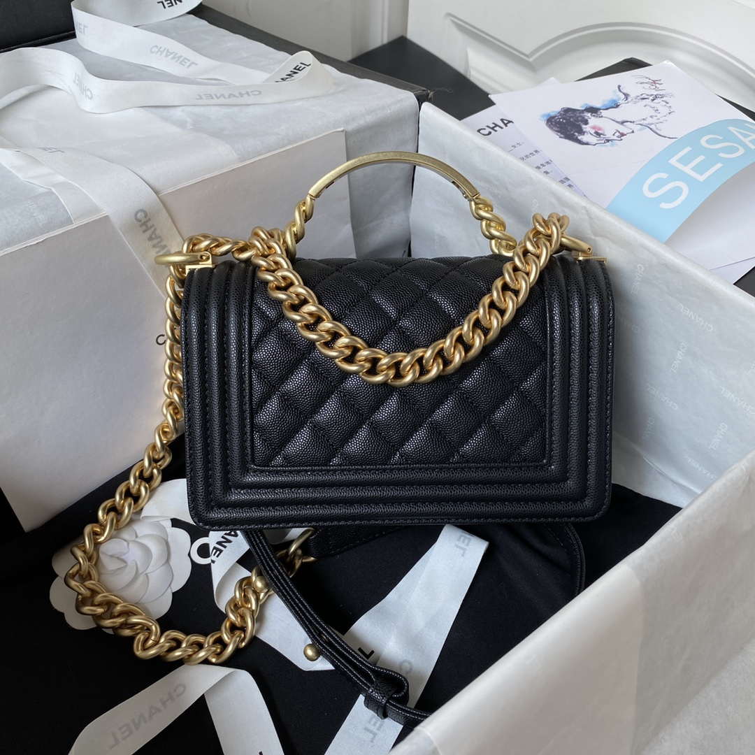 Chanel A94805 Boy Flap Bag With Handle Grained Shiny Calfskin Gold Tone Metal Black
