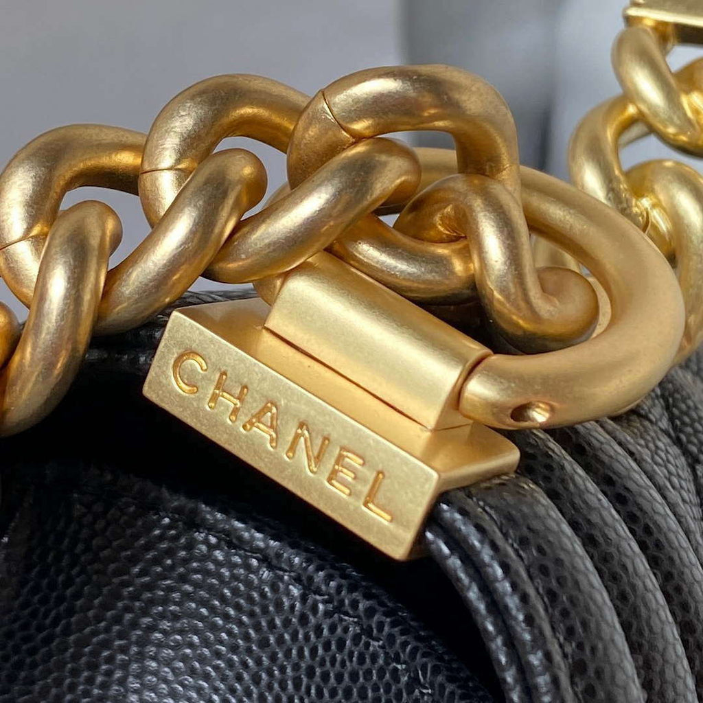 Chanel A94805 Boy Flap Bag With Handle Grained Shiny Calfskin Gold Tone Metal Black