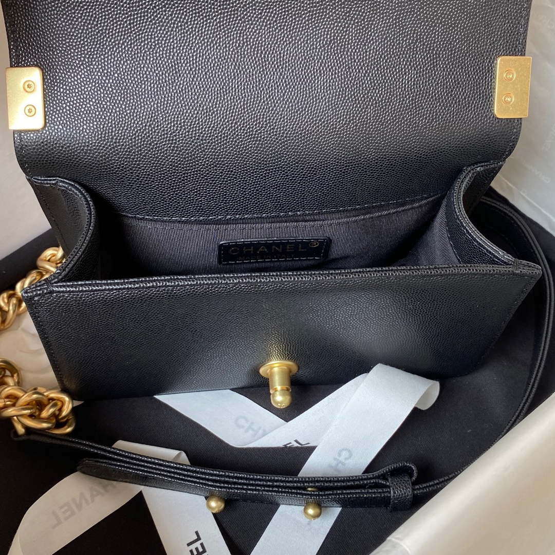 Chanel A94805 Boy Flap Bag With Handle Grained Shiny Calfskin Gold Tone Metal Black
