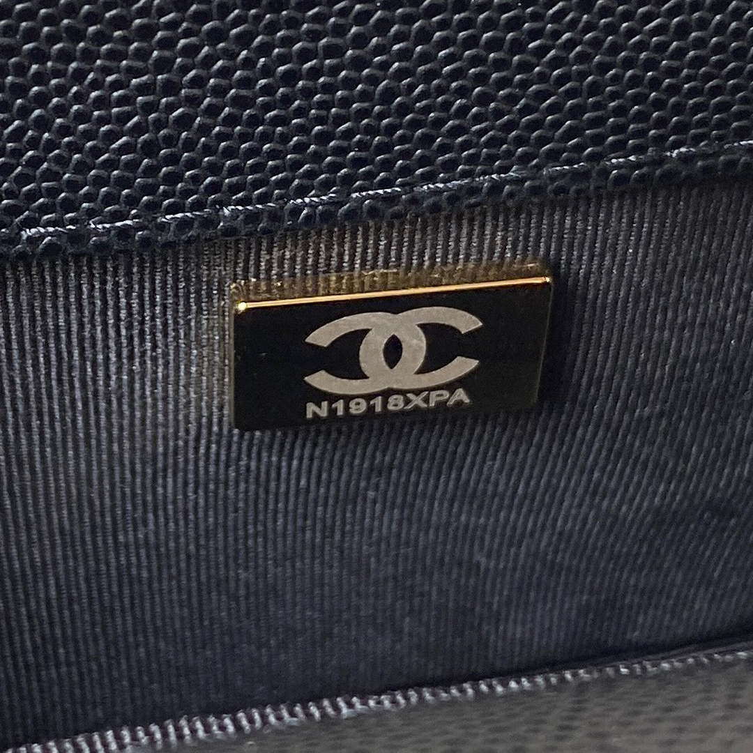 Chanel A94805 Boy Flap Bag With Handle Grained Shiny Calfskin Gold Tone Metal Black