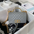 Chanel A94805 Boy Flap Bag With Handle Grained Shiny Calfskin Gold Tone Metal Gray - Default Title - View 1
