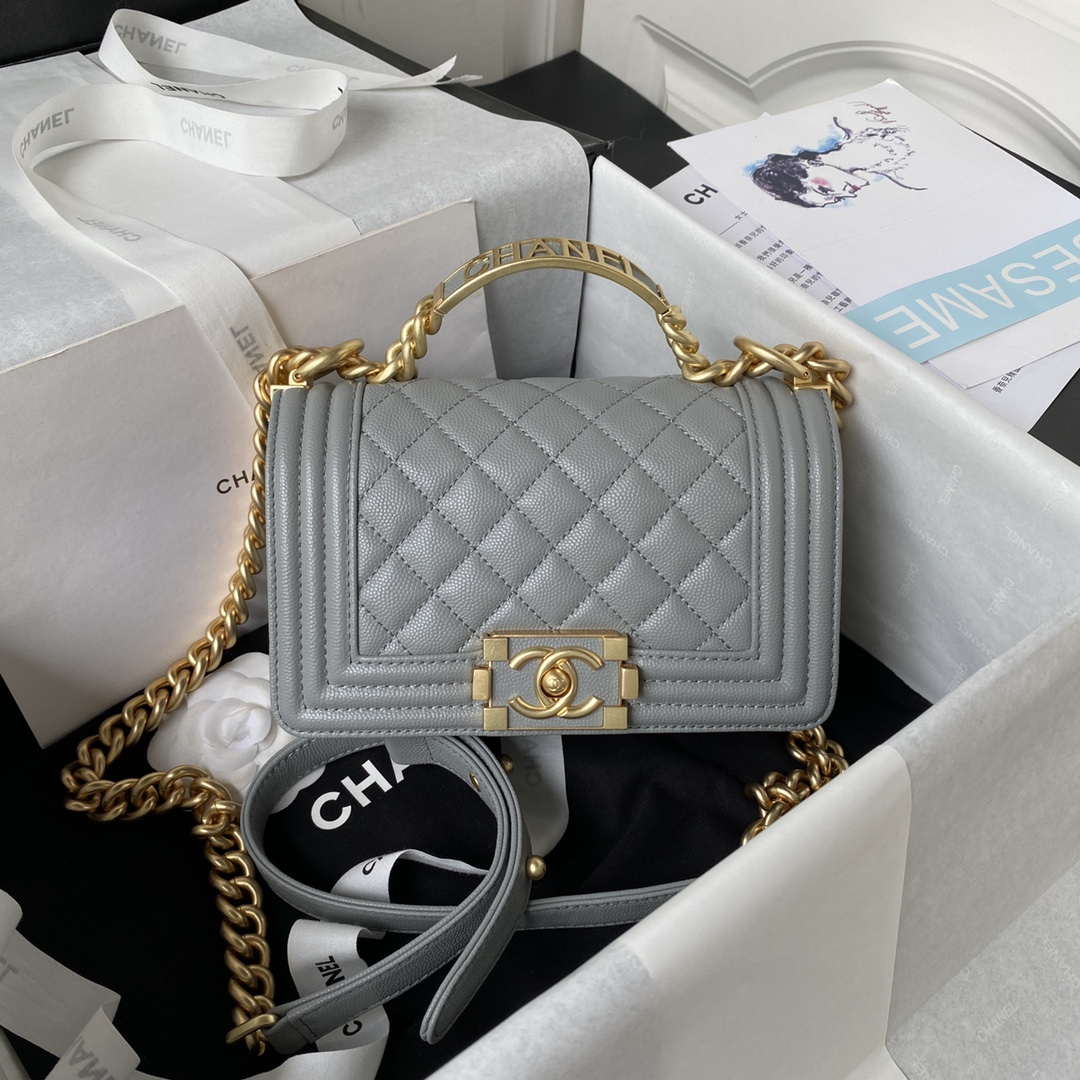 Chanel A94805 Boy Flap Bag With Handle Grained Shiny Calfskin Gold Tone Metal Gray - Default Title - View 1