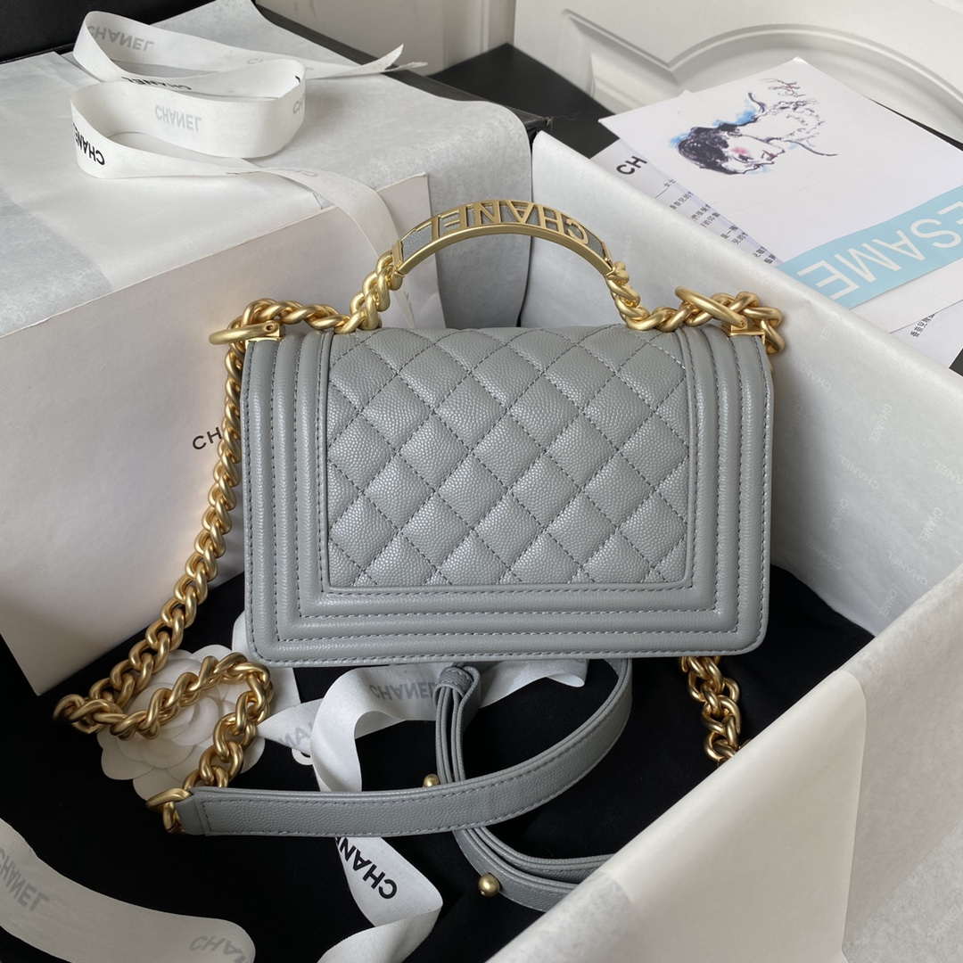 Chanel A94805 Boy Flap Bag With Handle Grained Shiny Calfskin Gold Tone Metal Gray - Default Title - View 2
