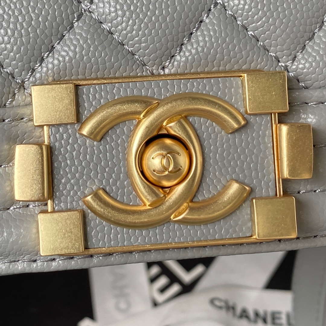 Chanel A94805 Boy Flap Bag With Handle Grained Shiny Calfskin Gold Tone Metal Gray - Default Title - View 3