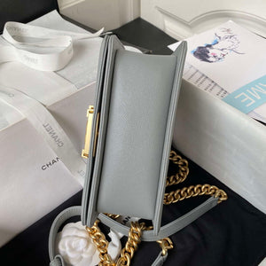 Chanel A94805 Boy Flap Bag With Handle Grained Shiny Calfskin Gold Tone Metal Gray - Default Title - View 6