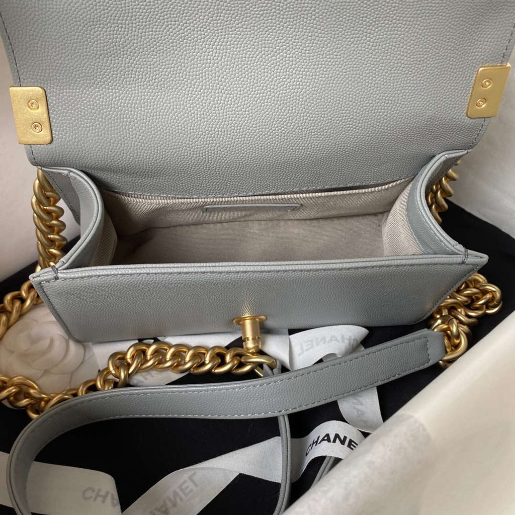 Chanel A94805 Boy Flap Bag With Handle Grained Shiny Calfskin Gold Tone Metal Gray