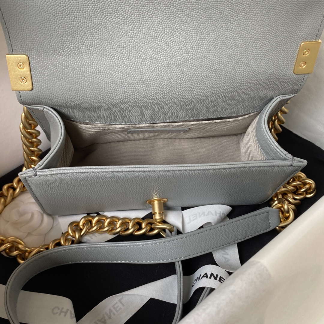 Chanel A94805 Boy Flap Bag With Handle Grained Shiny Calfskin Gold Tone Metal Gray