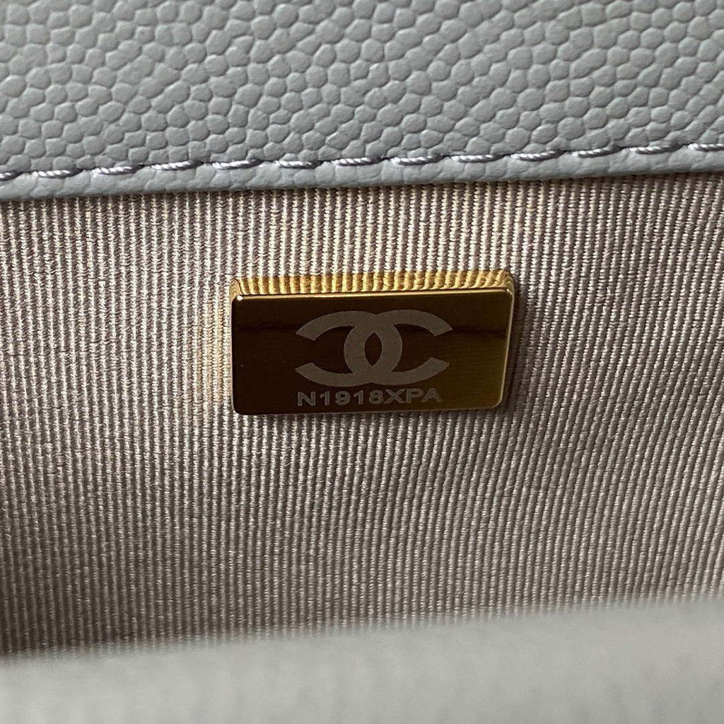 Chanel A94805 Boy Flap Bag With Handle Grained Shiny Calfskin Gold Tone Metal Gray