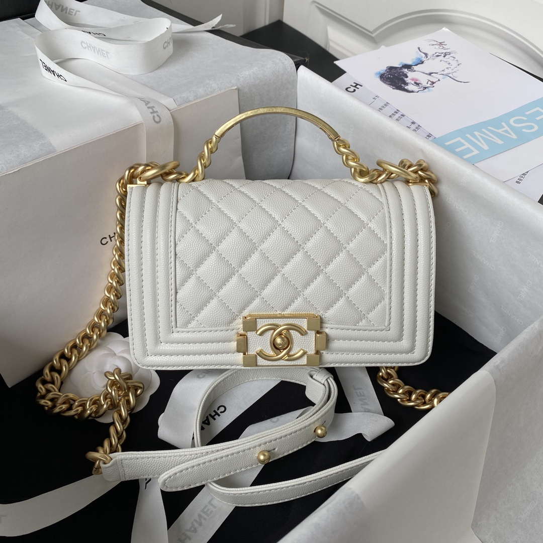 Chanel A94805 Boy Flap Bag With Handle Grained Shiny Calfskin Gold Tone Metal White - Default Title - View 1