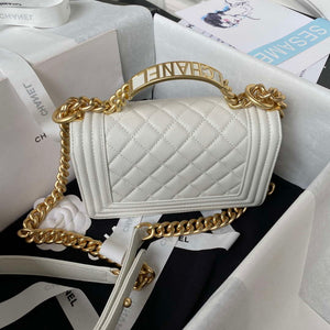 Chanel A94805 Boy Flap Bag With Handle Grained Shiny Calfskin Gold Tone Metal White - Default Title - View 2
