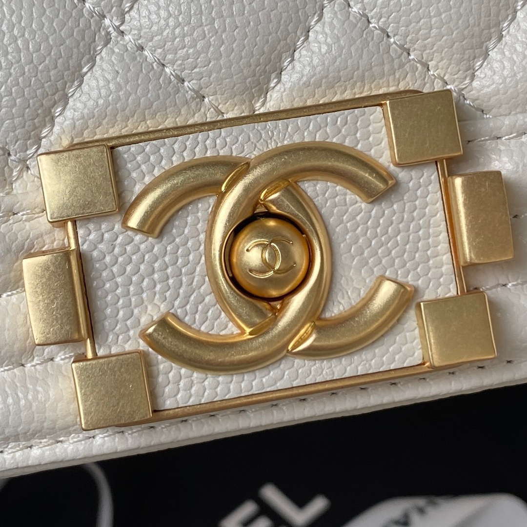 Chanel A94805 Boy Flap Bag With Handle Grained Shiny Calfskin Gold Tone Metal White - Default Title - View 3