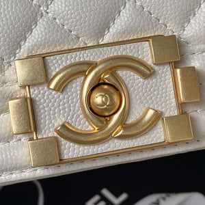 Chanel A94805 Boy Flap Bag With Handle Grained Shiny Calfskin Gold Tone Metal White - Default Title - View 3