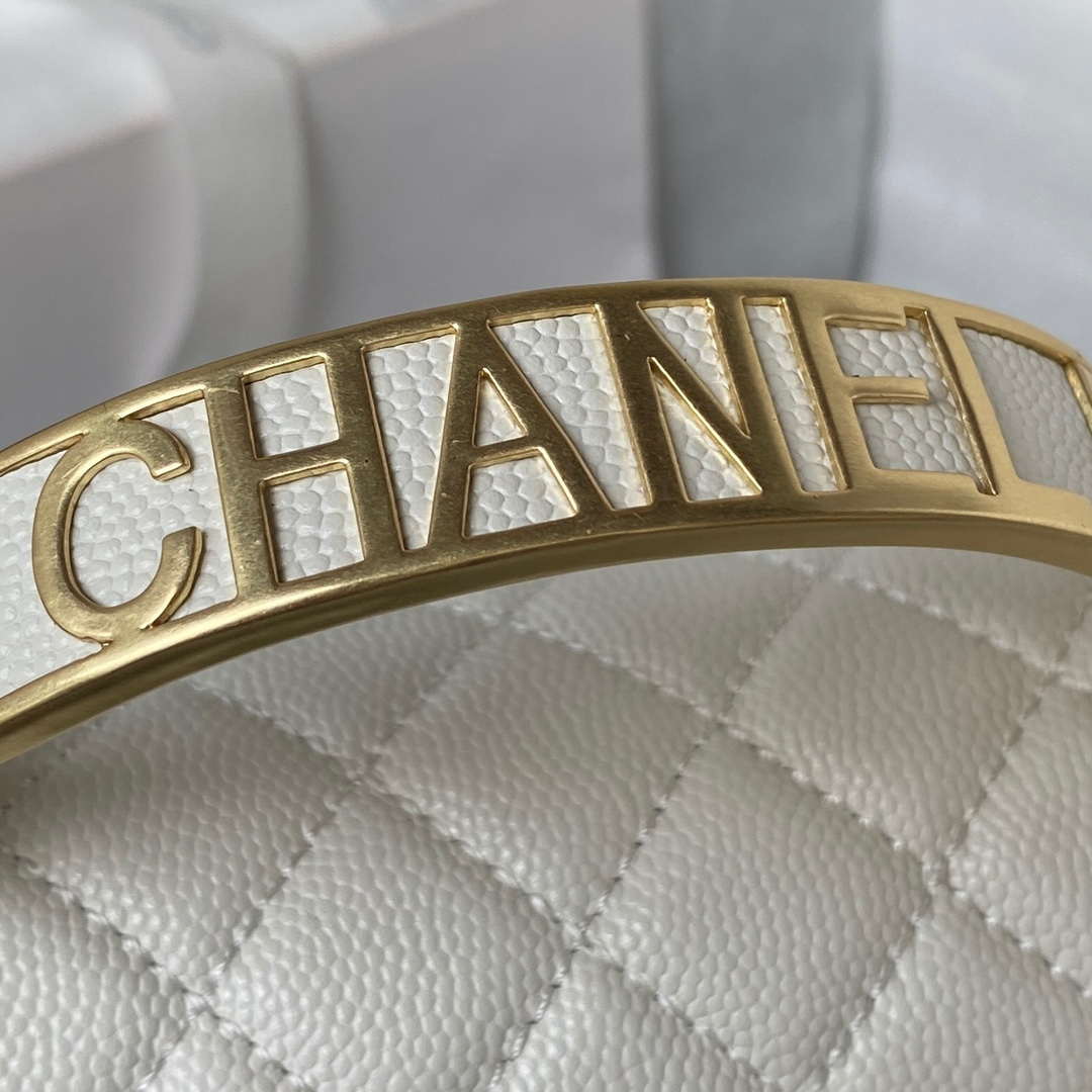 Chanel A94805 Boy Flap Bag With Handle Grained Shiny Calfskin Gold Tone Metal White - Default Title - View 4