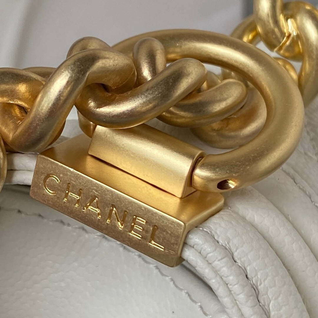 Chanel A94805 Boy Flap Bag With Handle Grained Shiny Calfskin Gold Tone Metal White