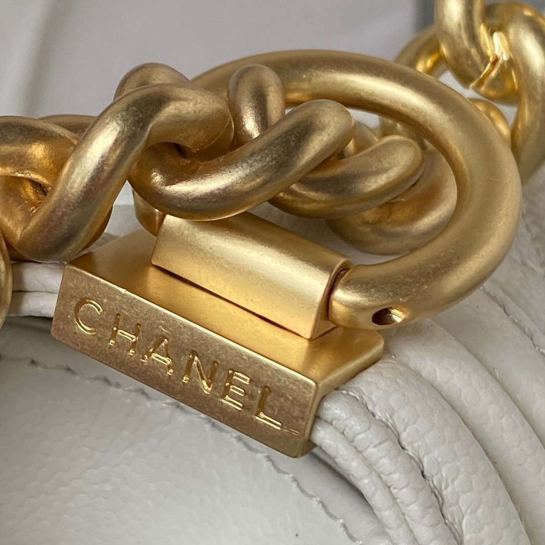 Chanel A94805 Boy Flap Bag With Handle Grained Shiny Calfskin Gold Tone Metal White