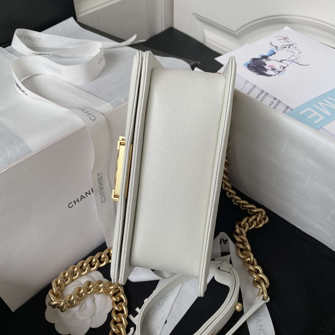 Chanel A94805 Boy Flap Bag With Handle Grained Shiny Calfskin Gold Tone Metal White