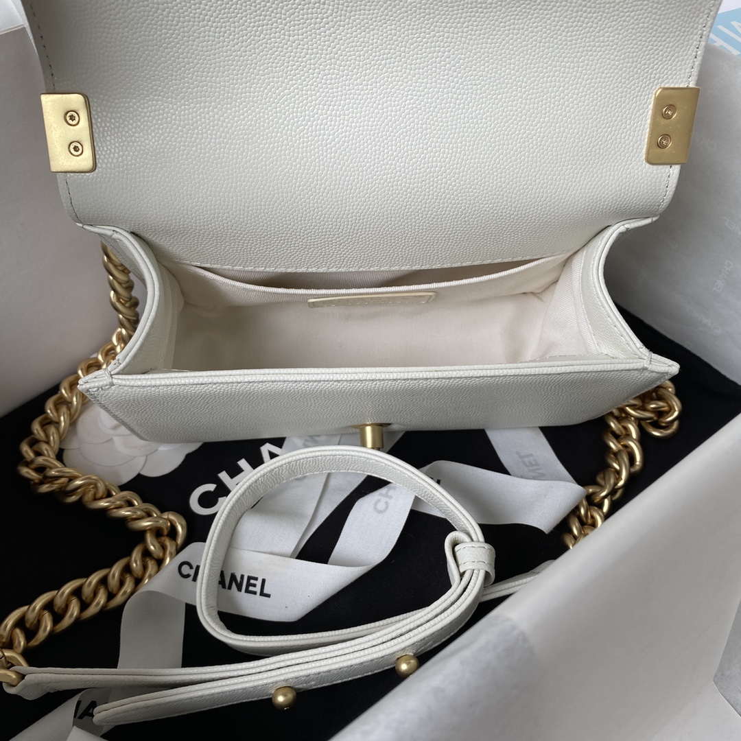 Chanel A94805 Boy Flap Bag With Handle Grained Shiny Calfskin Gold Tone Metal White - Default Title - View 7