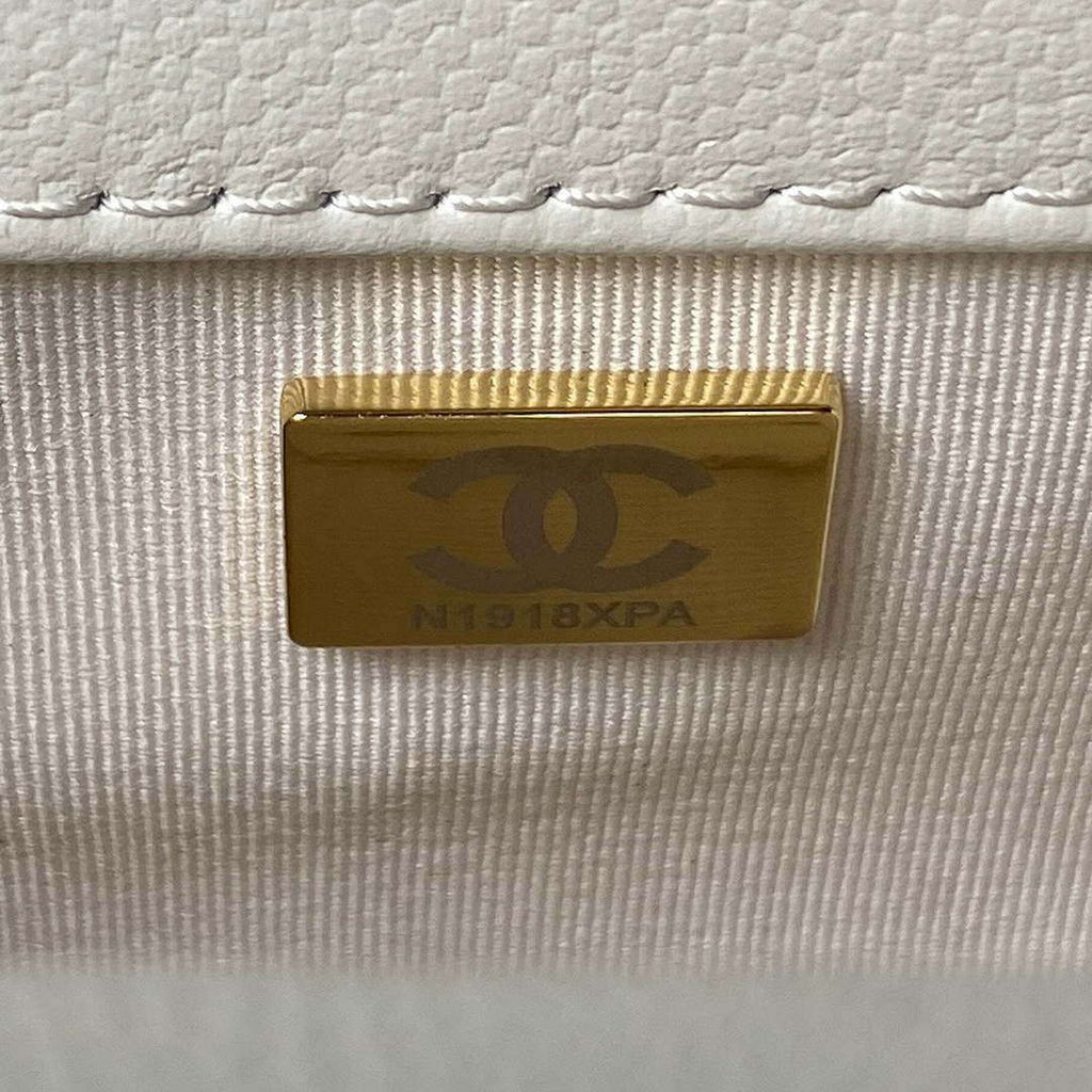 Chanel A94805 Boy Flap Bag With Handle Grained Shiny Calfskin Gold Tone Metal White