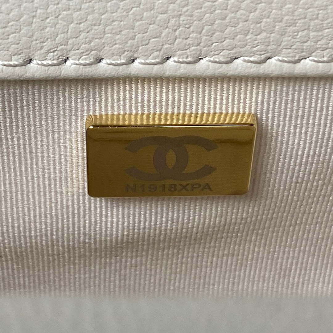 Chanel A94805 Boy Flap Bag With Handle Grained Shiny Calfskin Gold Tone Metal White - Default Title - View 9
