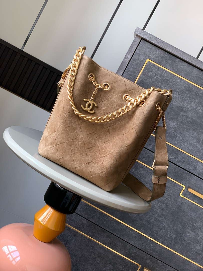 Chanel A99004 Vintage Hobo 25P Basket Shopping Bag Suede Brown
