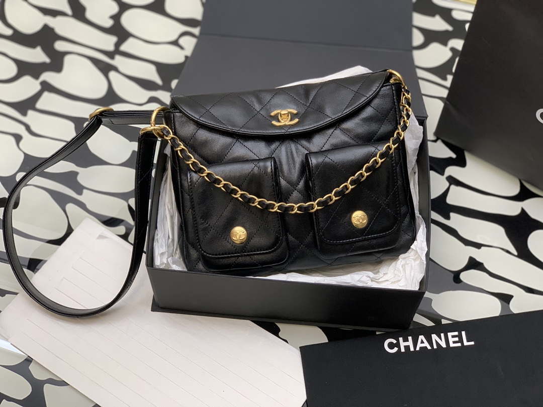 Chanel A99335 Hobo Bag Lambskin & Gold-Tone Metal Black
