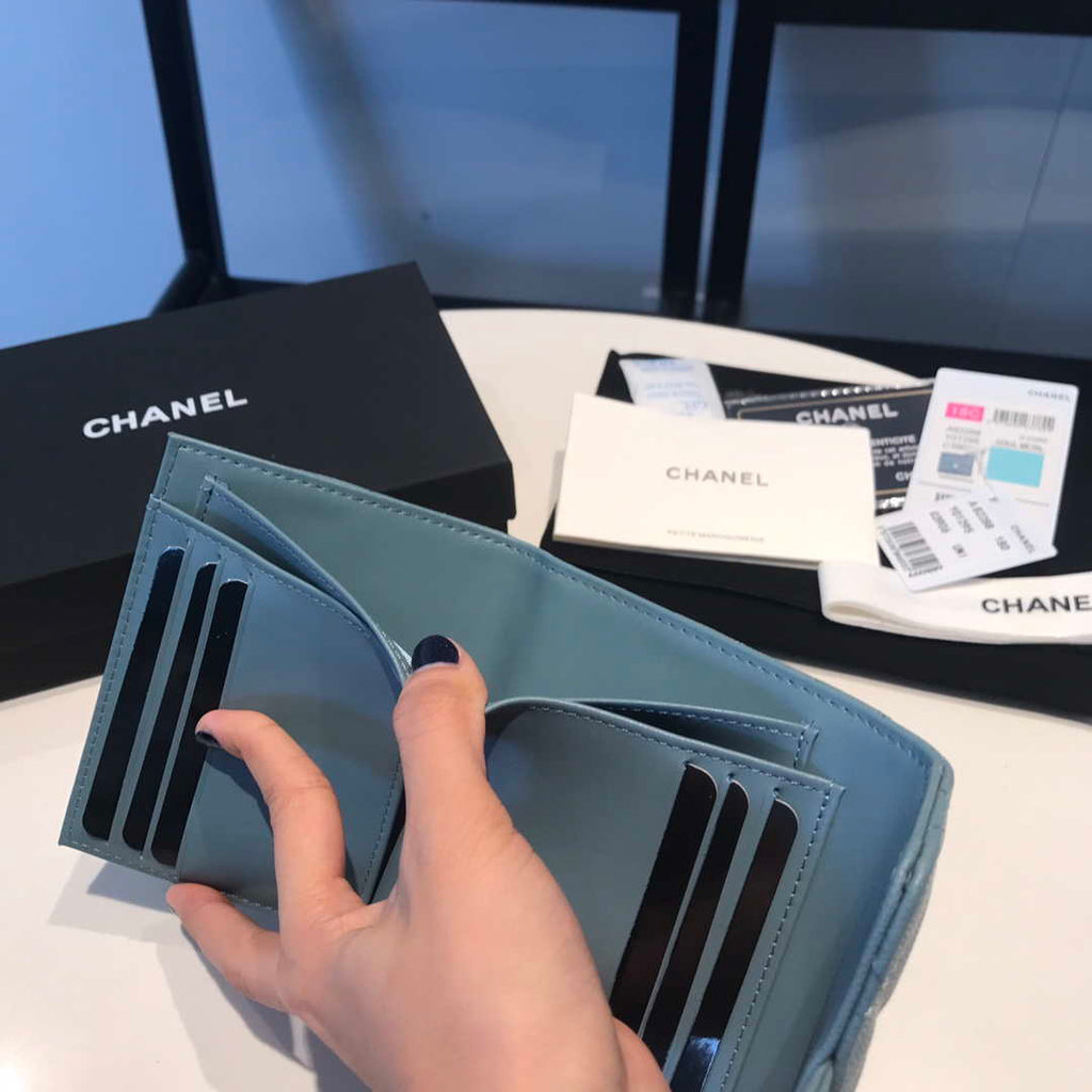 Chanel AP0231 Classic Small FLAP Wallet Calfskin Blue Gold
