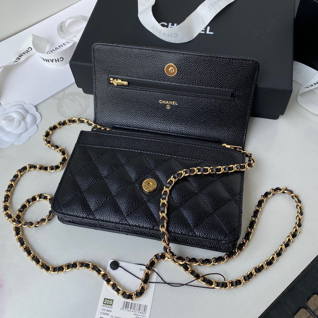 Chanel AP0250 Wallet on Chain Grained Calfskin A33814 Black Gold