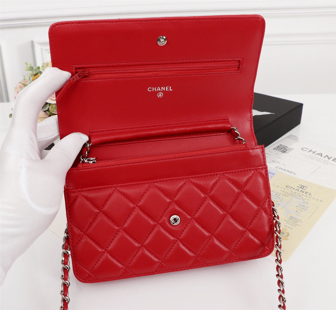 Chanel AP0250 Wallet on Chain Lambskin A33814 Red Silver
