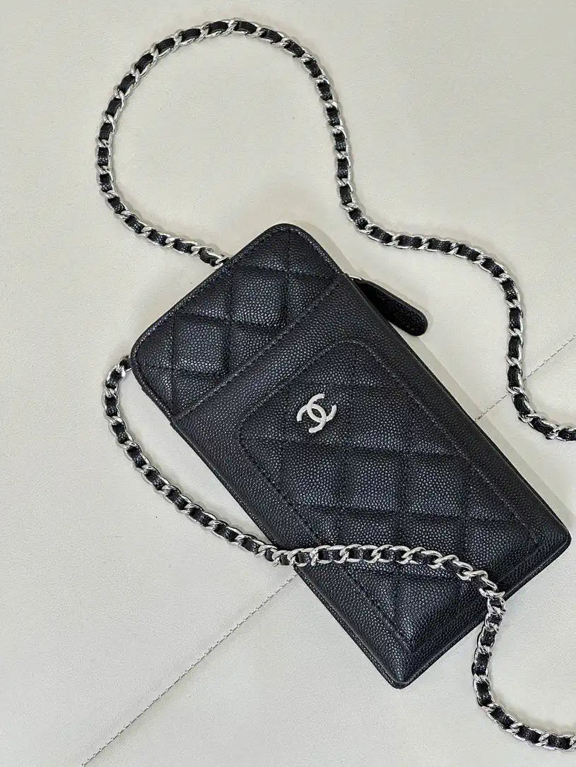 Chanel AP0990 25B Phone Bag Grained Shiny Calfskin Gold-Tone Metal Black