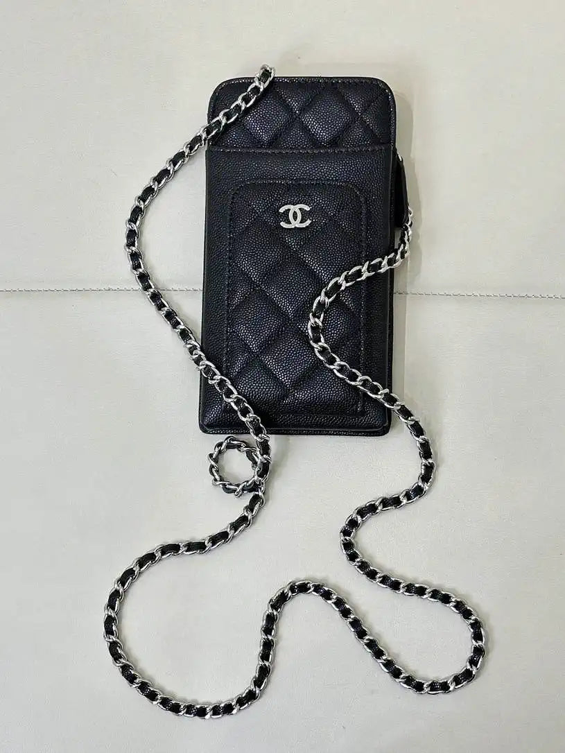 Chanel AP0990 25B Phone Bag Grained Shiny Calfskin Gold-Tone Metal Black
