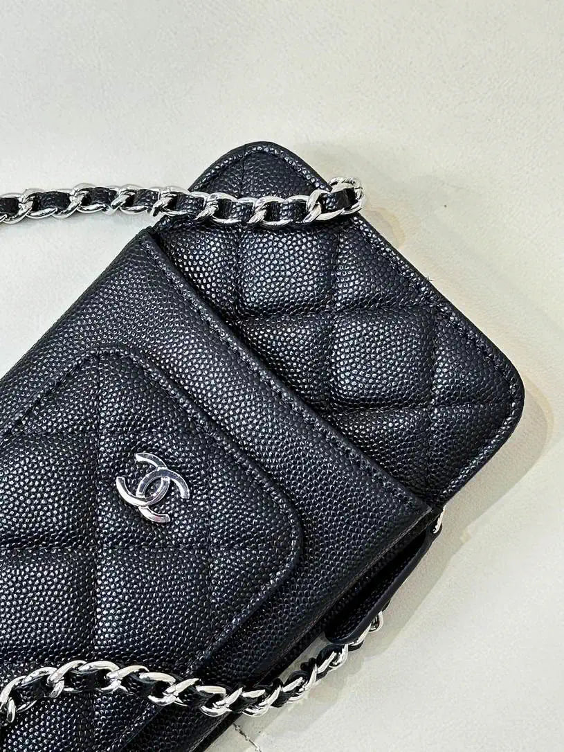 Chanel AP0990 25B Phone Bag Grained Shiny Calfskin Gold-Tone Metal Black