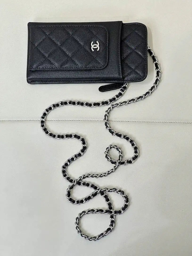 Chanel AP0990 25B Phone Bag Grained Shiny Calfskin Gold-Tone Metal Black