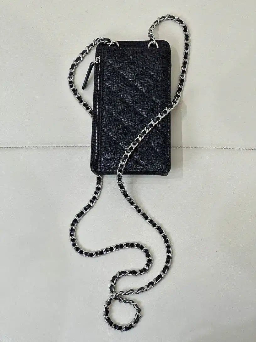 Chanel AP0990 25B Phone Bag Grained Shiny Calfskin Gold-Tone Metal Black