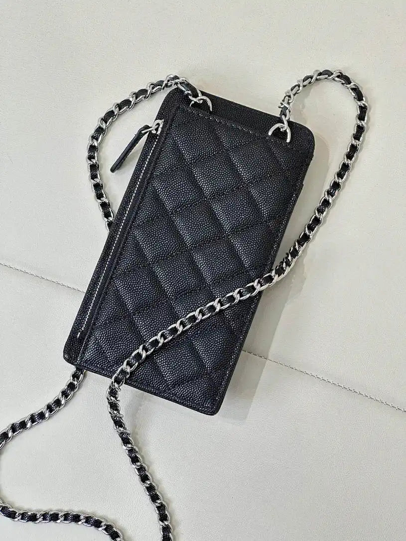Chanel AP0990 25B Phone Bag Grained Shiny Calfskin Gold-Tone Metal Black