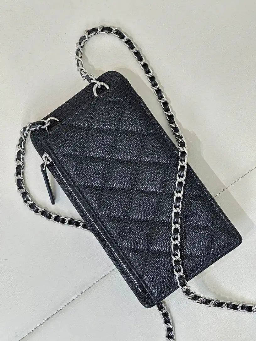 Chanel AP0990 25B Phone Bag Grained Shiny Calfskin Gold-Tone Metal Black