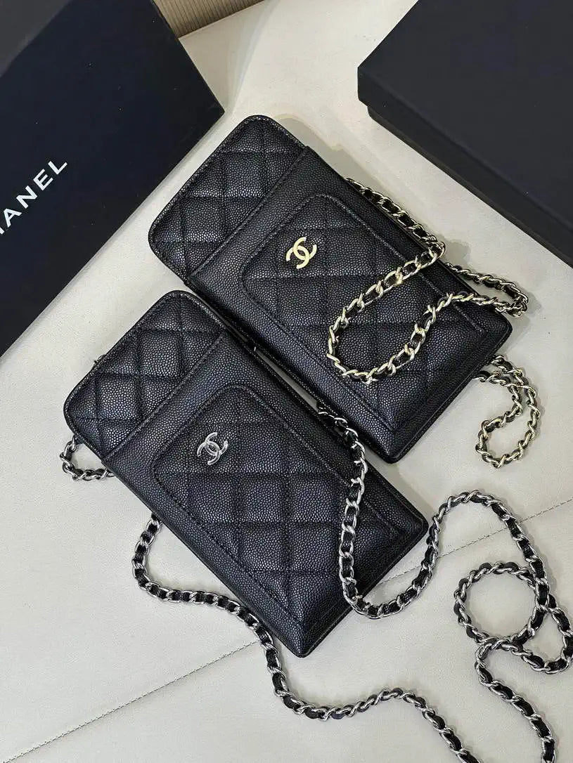 Chanel AP0990 25B Phone Bag Grained Shiny Calfskin Gold-Tone Metal Black