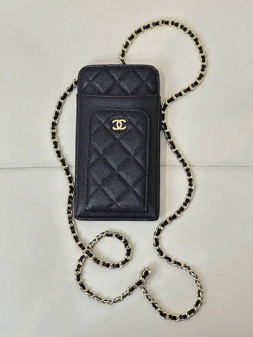 Chanel AP0990 25B Phone Bag Grained Shiny Calfskin Gold-Tone Metal Black