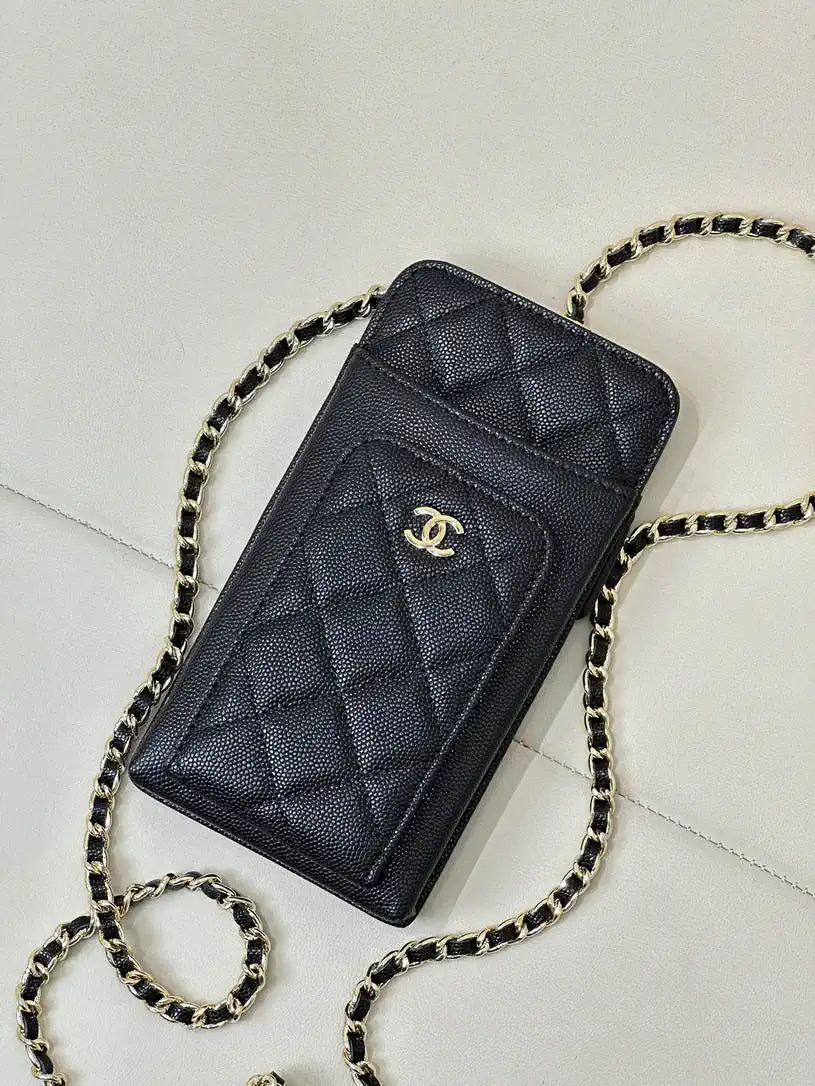 Chanel AP0990 25B Phone Bag Grained Shiny Calfskin Gold-Tone Metal Black