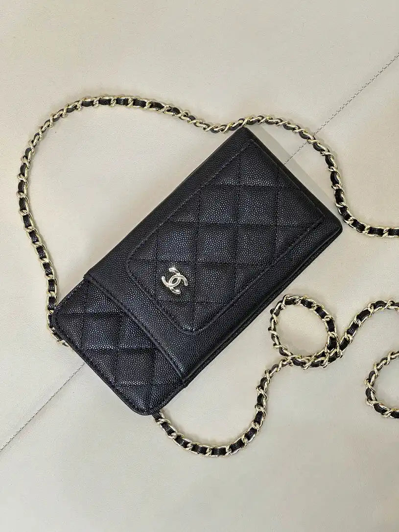 Chanel AP0990 25B Phone Bag Grained Shiny Calfskin Gold-Tone Metal Black