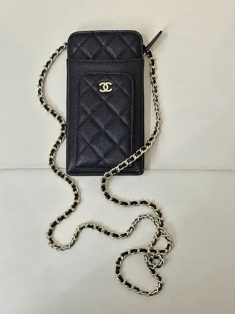 Chanel AP0990 25B Phone Bag Grained Shiny Calfskin Gold-Tone Metal Black