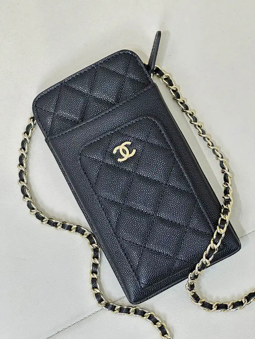 Chanel AP0990 25B Phone Bag Grained Shiny Calfskin Gold-Tone Metal Black