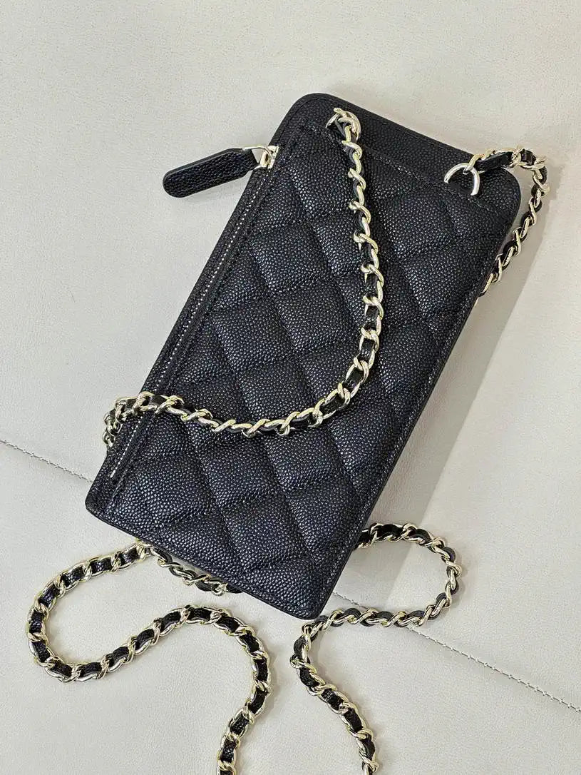 Chanel AP0990 25B Phone Bag Grained Shiny Calfskin Gold-Tone Metal Black