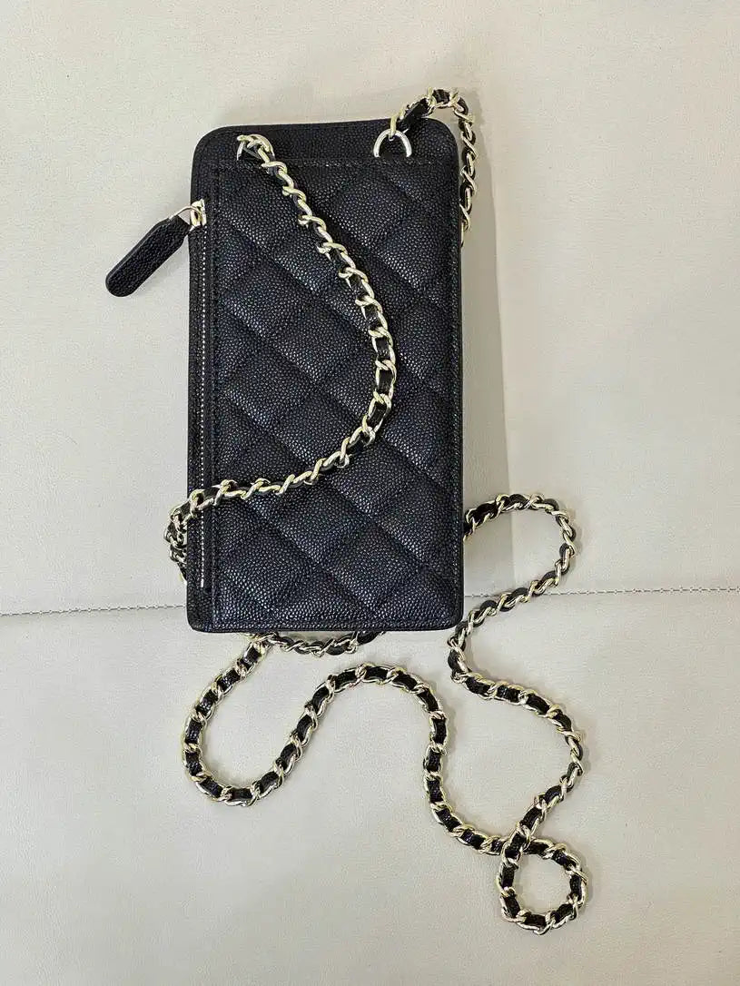 Chanel AP0990 25B Phone Bag Grained Shiny Calfskin Gold-Tone Metal Black