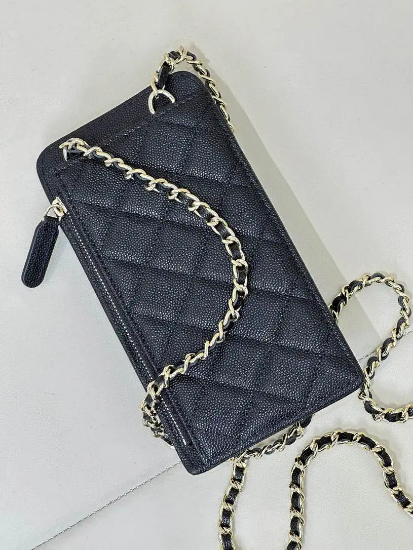 Chanel AP0990 25B Phone Bag Grained Shiny Calfskin Gold-Tone Metal Black