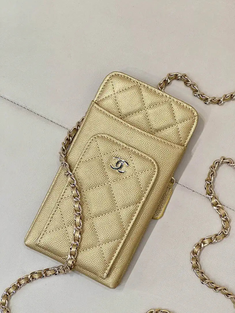 Chanel AP0990 25B Phone Bag Grained Shiny Calfskin Gold-Tone Metal Gold