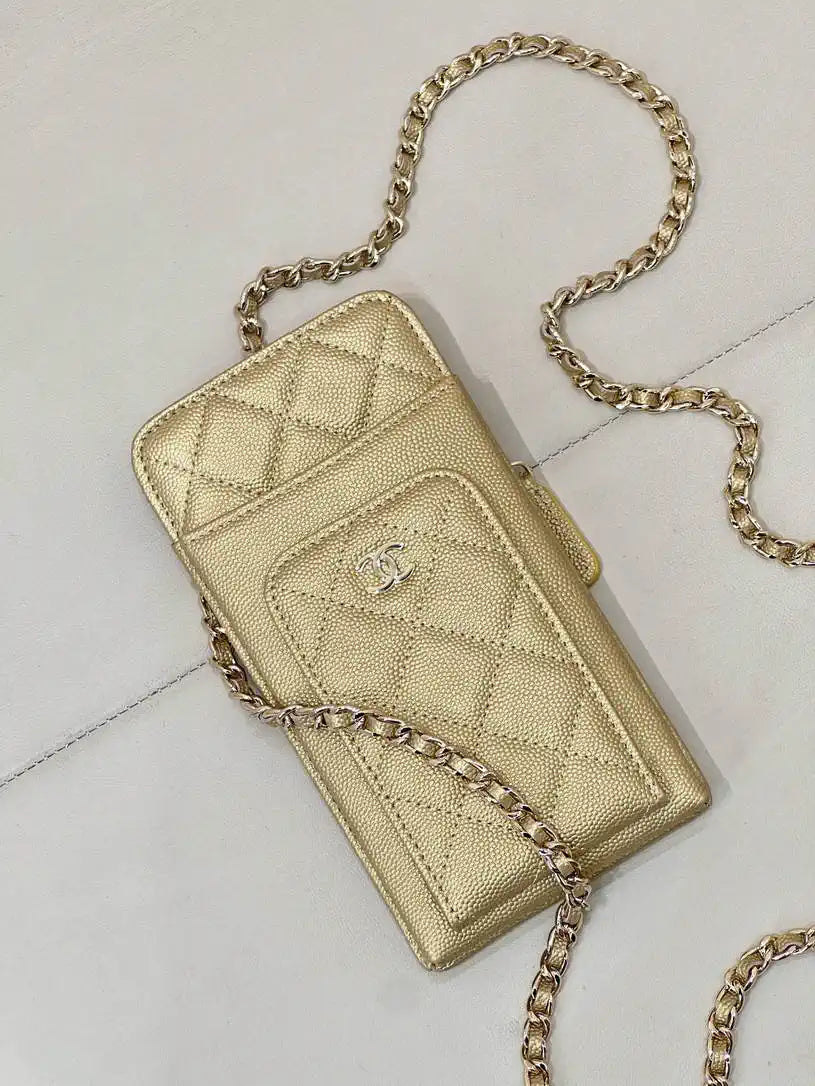 Chanel AP0990 25B Phone Bag Grained Shiny Calfskin Gold-Tone Metal Gold