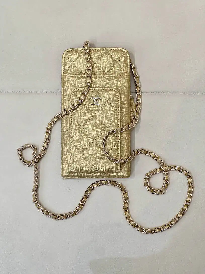 Chanel AP0990 25B Phone Bag Grained Shiny Calfskin Gold-Tone Metal Gold