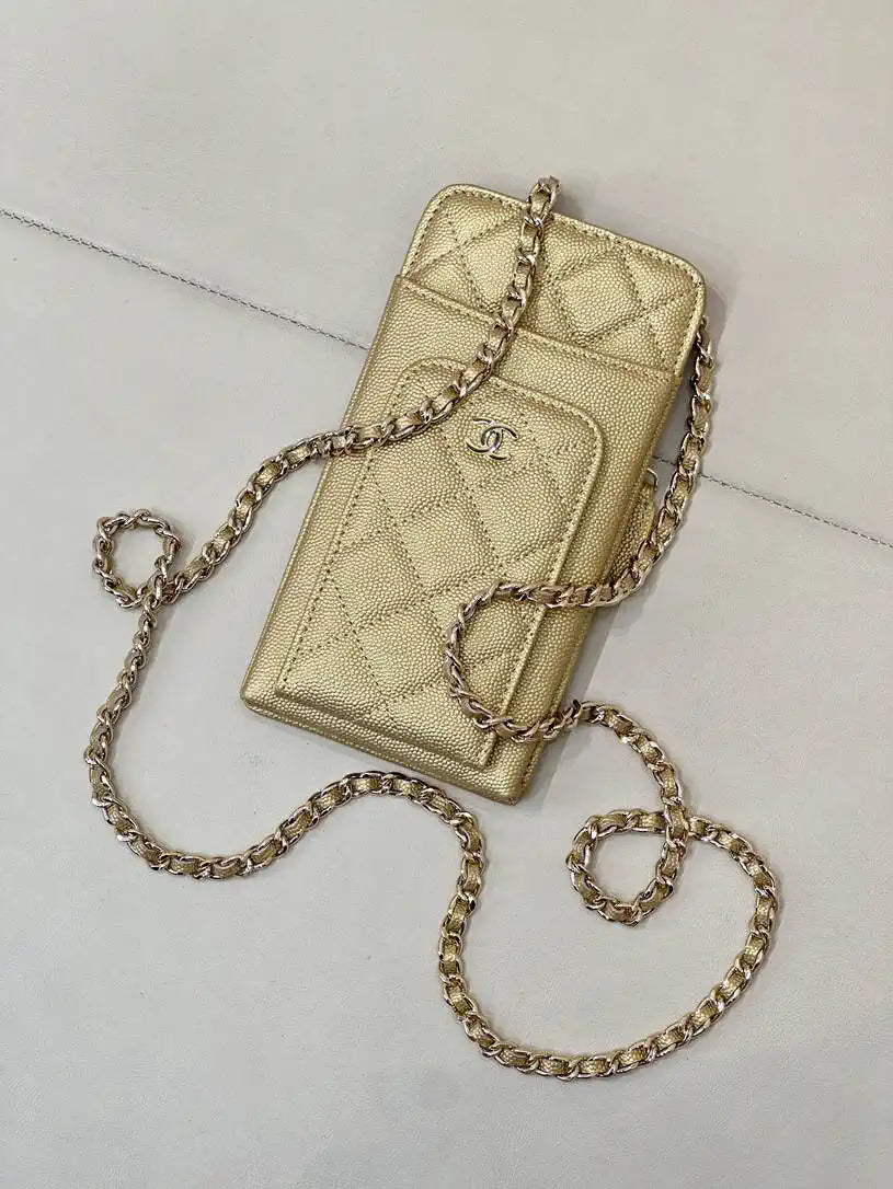 Chanel AP0990 25B Phone Bag Grained Shiny Calfskin Gold-Tone Metal Gold