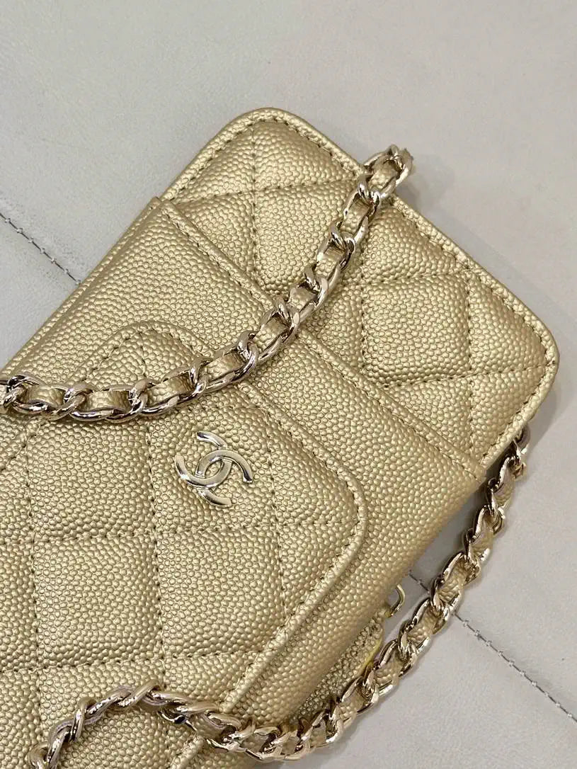 Chanel AP0990 25B Phone Bag Grained Shiny Calfskin Gold-Tone Metal Gold