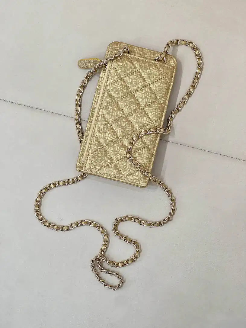 Chanel AP0990 25B Phone Bag Grained Shiny Calfskin Gold-Tone Metal Gold